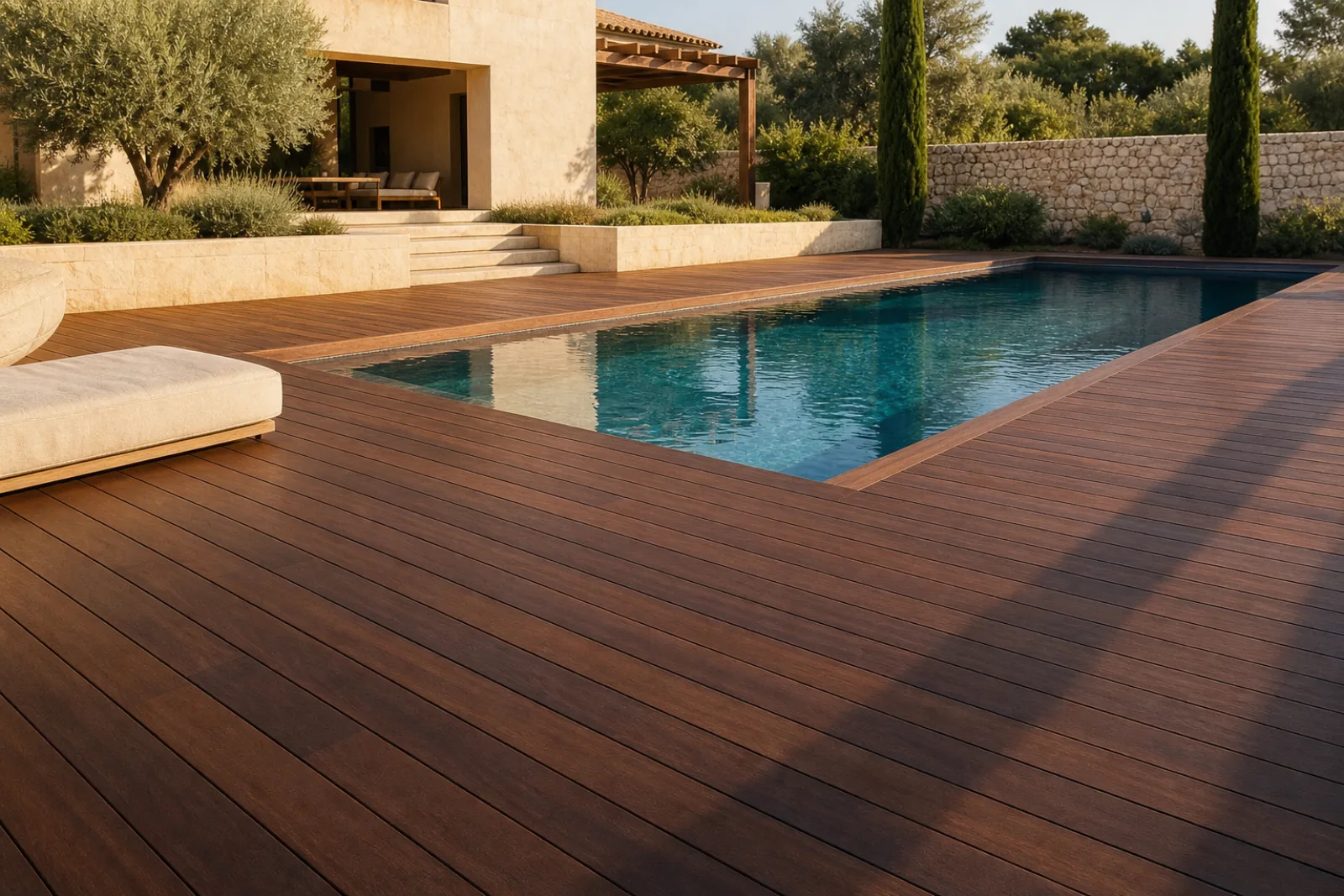 Tarima de madera natural oscura junto a una piscina mediterránea