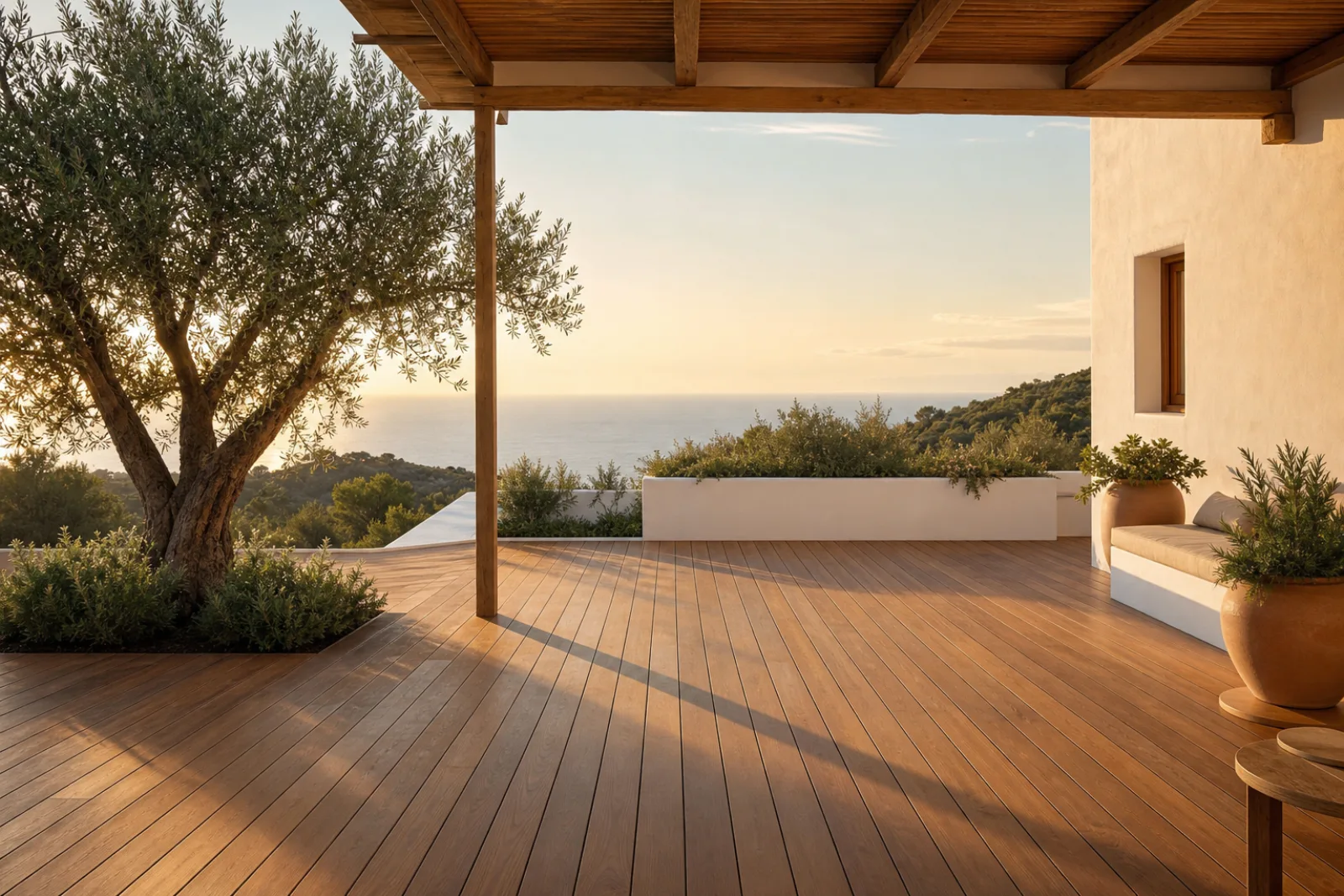 Amplia terraza mediterránea revestida con madera natural