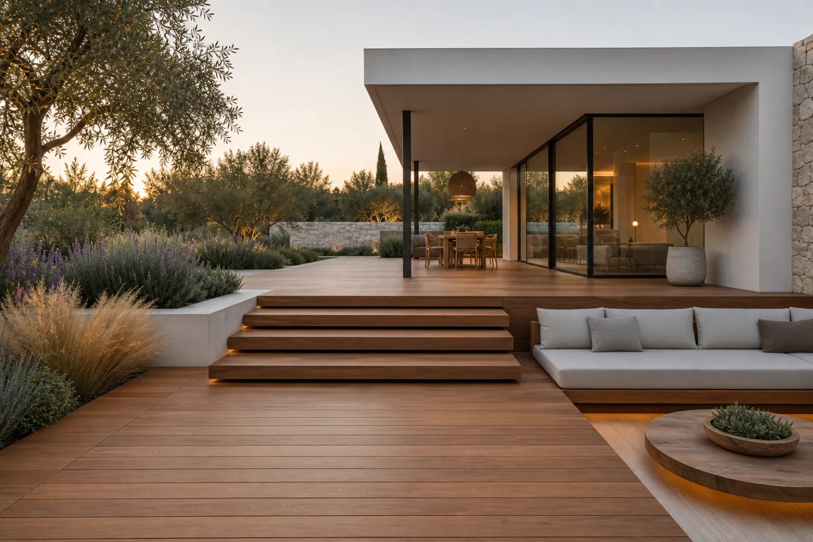 Plataforma y escaleras de madera en una villa contemporánea