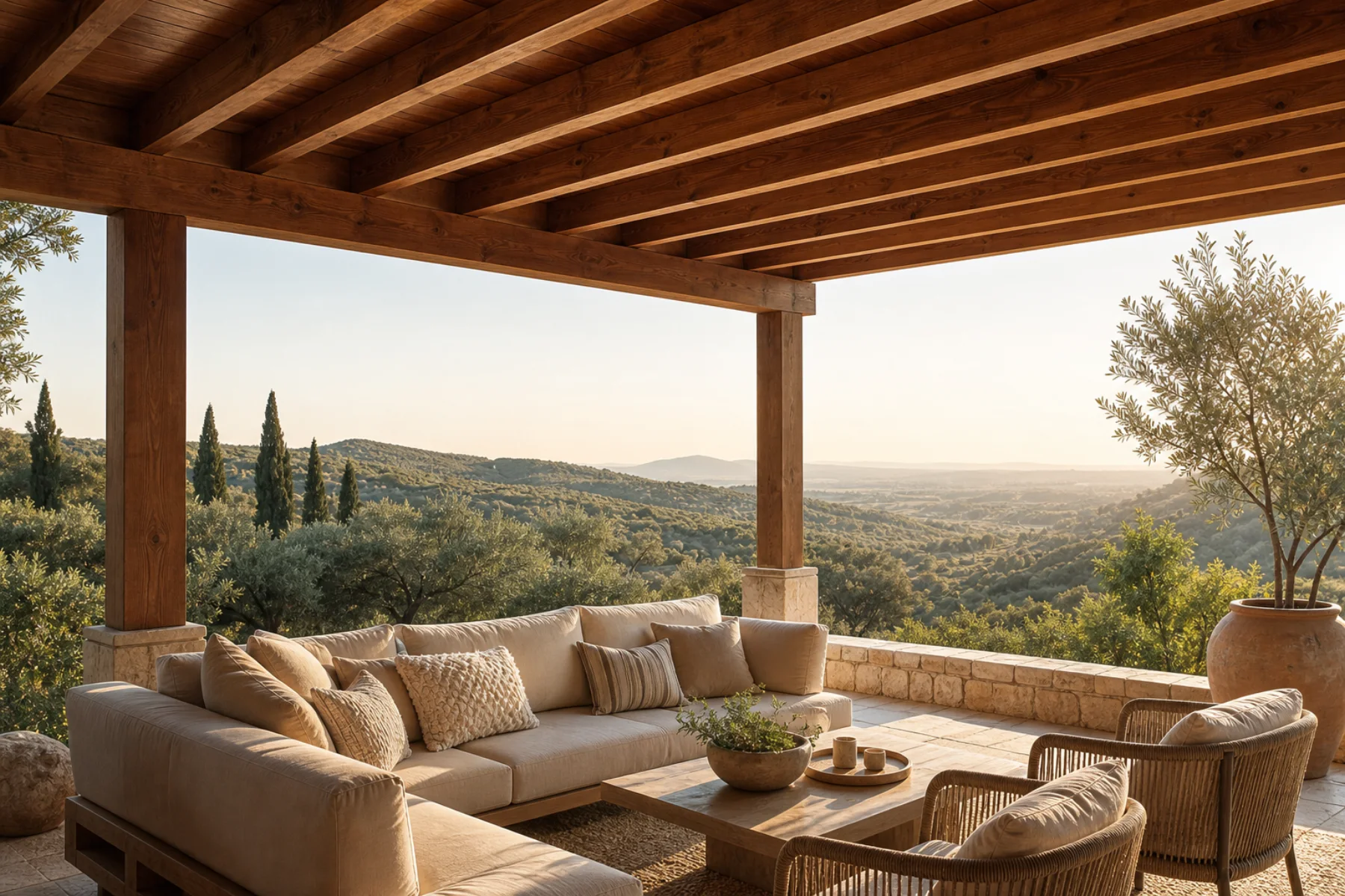 Salón exterior bajo una pérgola de madera con vistas